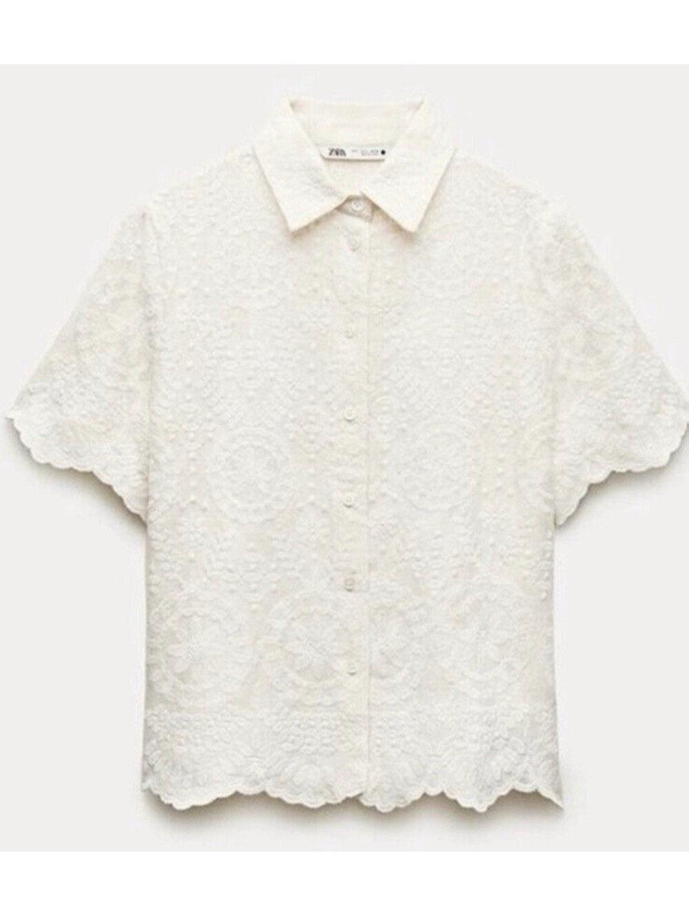 Zara Blogger Favorite Embroidered Short Sleeve Button Down Shirt Blouse S White